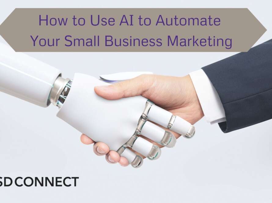A robot hand shaking a human hand with the title "How to Use AI to Automate Your Small Business Marketing."